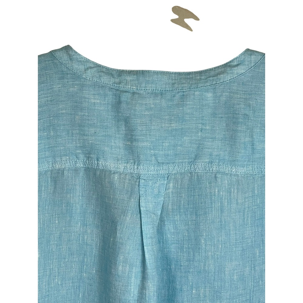Talbots Womens XLP Blue Linen Roll Tab Sleeve Split Neck Button Tunic Top - Picture 7 of 14